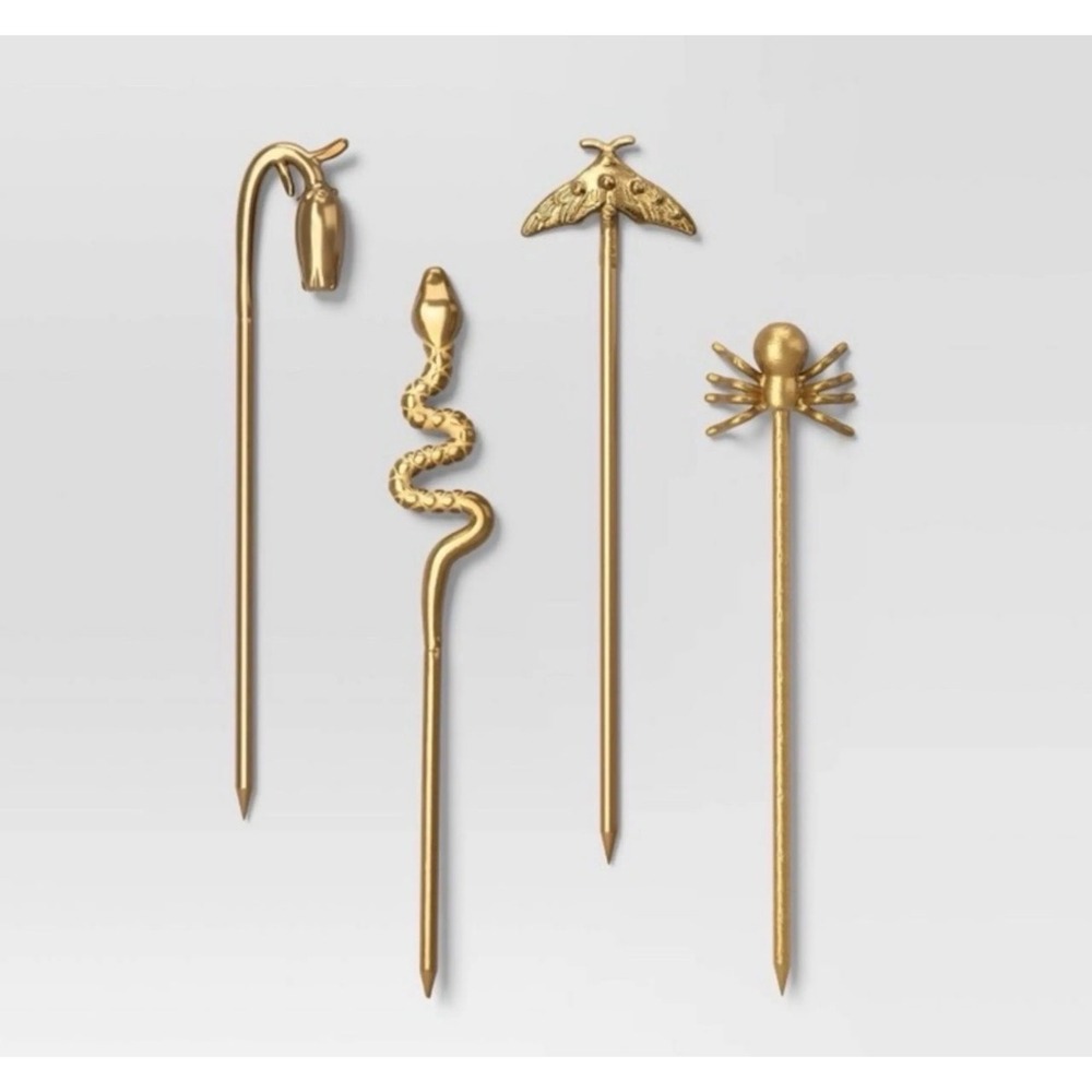 Threshold Gold Cocktail Picks 4 Piece Set Snake Moth‎ Spider Stainless Steel NEW